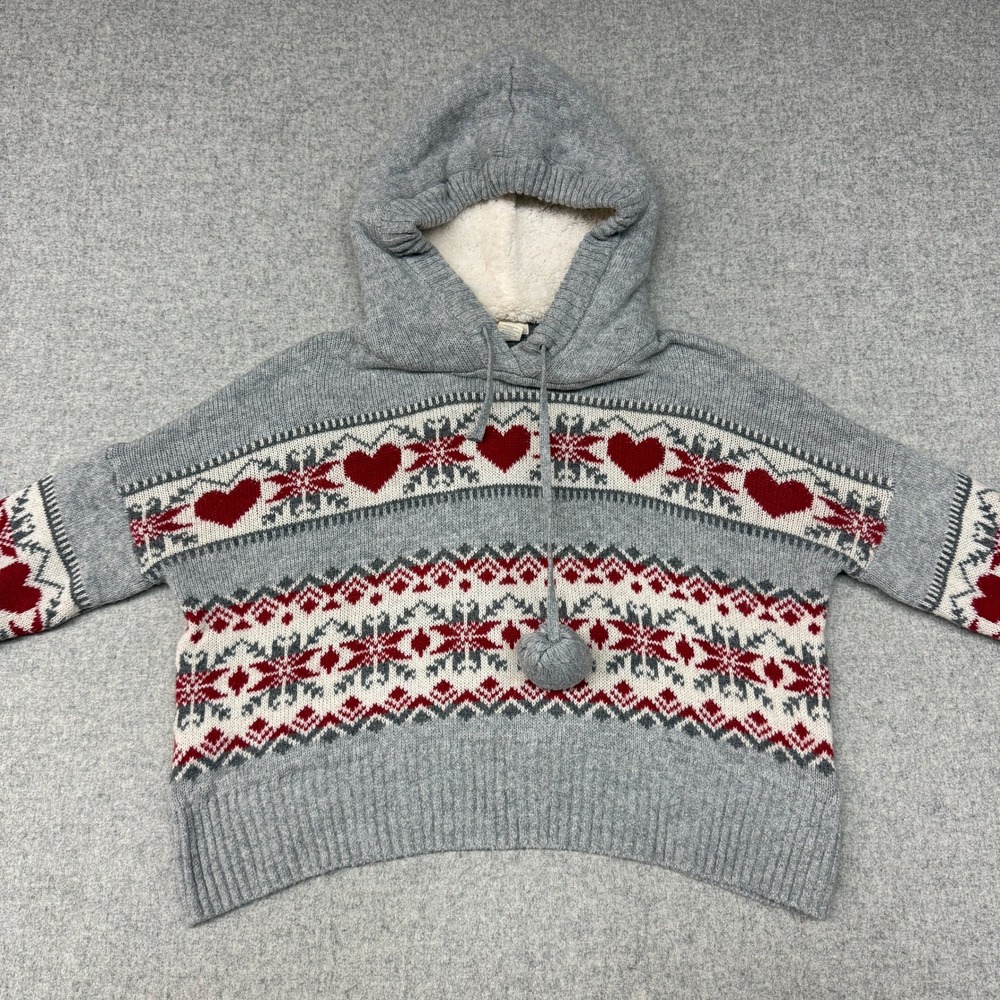 Kaisley Hooded Sweater Size Medium Grey Red Fair Isle Heart Sherpa Lined Pom Pom